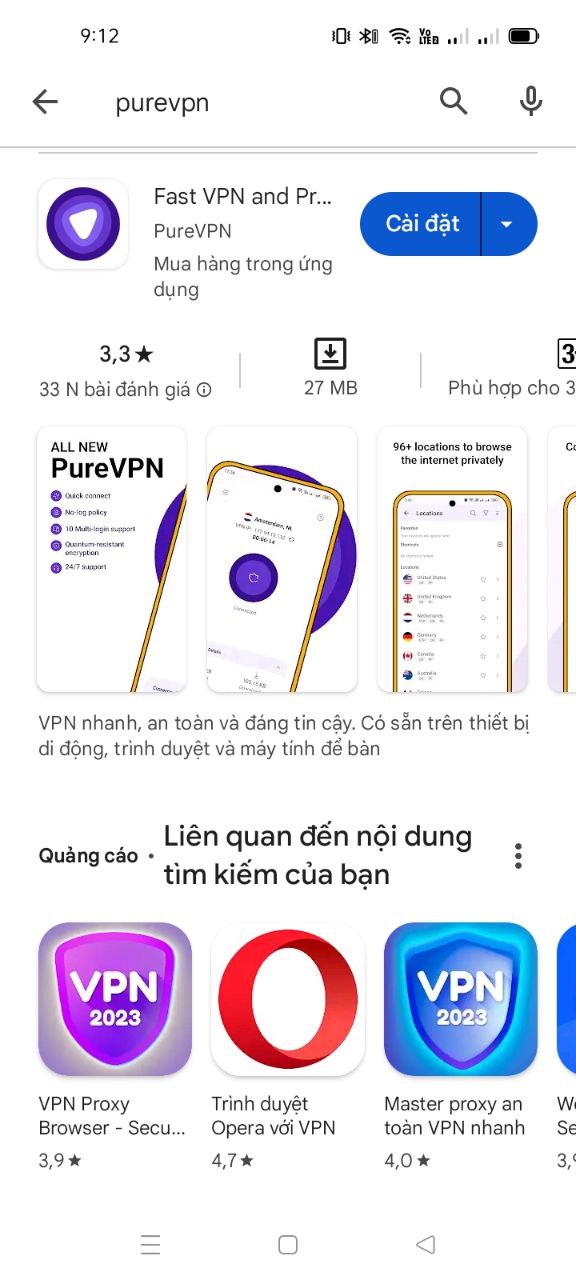 Tìm kiếm ứng dụng PureVPN trên cửa hàng gg store